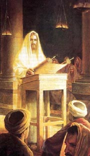 Jesus reads scripture in the synagogue